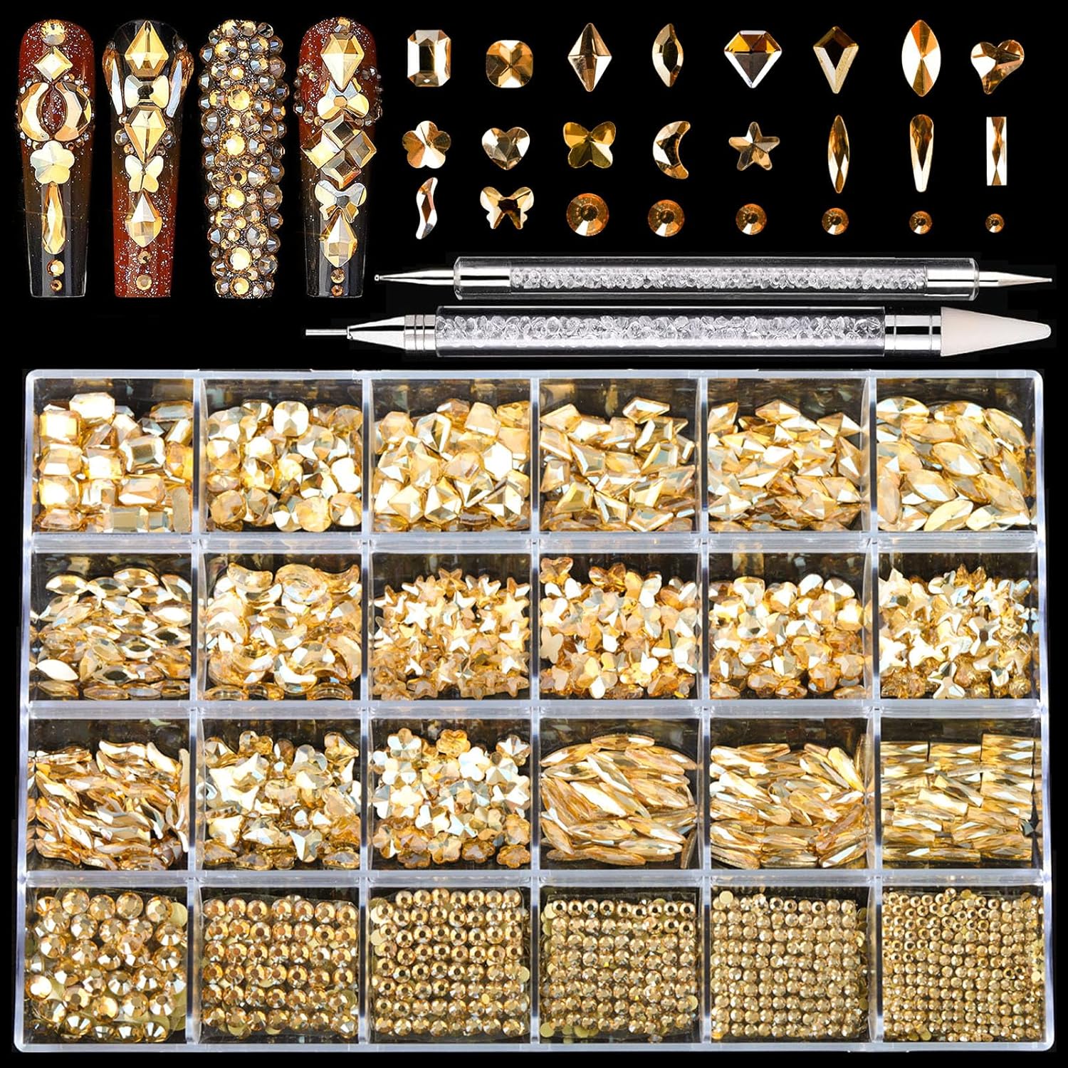 Nail Rhinestones Kit, 18 Types of 900 Special-Shaped Nail Diamonds + 3200 Flat-Bottomed Rhinestones, Champagne Crystals DIY Crafts Gold Gemstones for Nail Art Design-BrightBean Baby