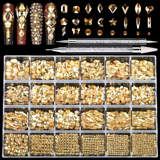 Nail Rhinestones Kit, 18 Types of 900 Special-Shaped Nail Diamonds + 3200 Flat-Bottomed Rhinestones, Champagne Crystals DIY Crafts Gold Gemstones for Nail Art Design-BrightBean Baby