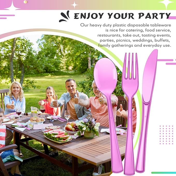 Minatee 150 Pieces Disposable Cutlery Set Plastic Silverware Heavy Duty Utensil Sets 50 Forks 50 Knives 50 Spoons for Home Office School Party Picnics Restaurant Outdoor Events(Purple)