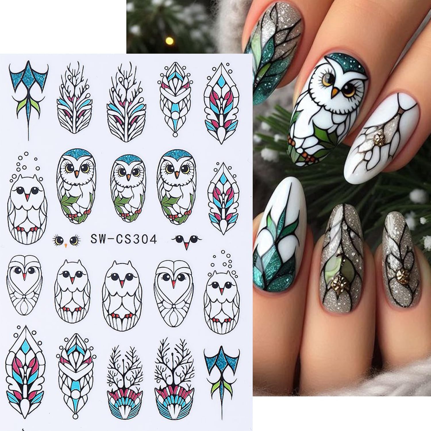 4pcs Christmas Nails Stickers Silver Glitter Leaves Line Owl Nail Art Design 3D Self-Adhesive Nail Decals Xmas Nail Sticker DIY Autumn Winter Manicure Art Supplies Decoration Accessories-BrightBean Baby