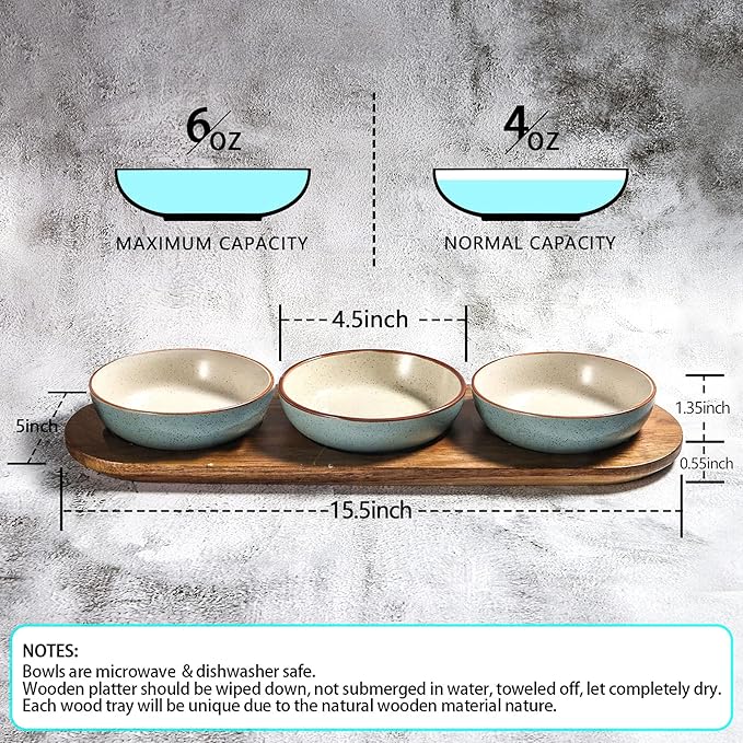 Artena 6oz Turquoise Solid Ceramic Chips and Dip Serving Platter with Acacia Wooden Tray, 4.5inch Glazing Small Serving Bowls/Dipping Dishes for Condiments,Side Dishes, Dipping, Pre, Dessert, Salsa