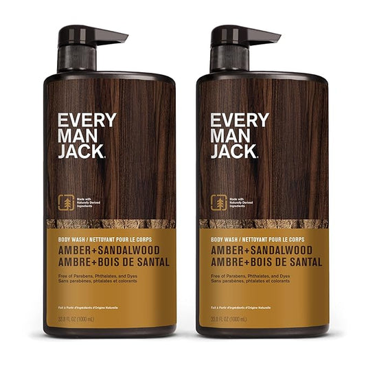 Every Man Jack Amber + Sandalwood Mens Body Wash for All Skin Types - Cleanse, Hydrate, and Smell Great - Free of Parabens, Phtalates, and Dyes - 33.8 fl oz (2 Pack)-BrightBean Baby