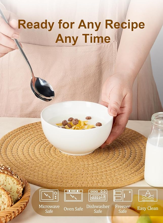 Yedio White Ceramic Cereal Bowls, 17 Ounce Porcelain Bowl for Kitchen Cereal Soup Rice Salad Pasta Dessert Snack Fruits Ice Cream, Set of 6, Microwave Dishwasher Freezer Oven Safe Easy Clean Stackable