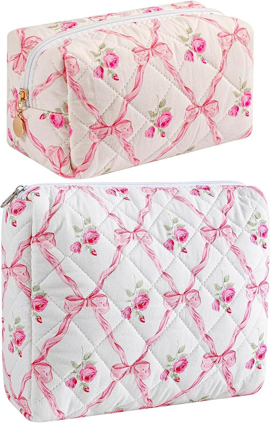 Makeup Bag Travel Cosmetic Bag for Women Girls, Zipper Make Up Pouch, Floral Flowers Toiletry Organizer Makeup, Portable Storage Bag, Cosmetic Travel Cloth Bag (2 Pack (L+S)/Pink Bowknot)-BrightBean Baby