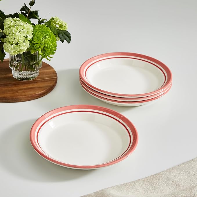 Portmeirion Potter's Stripe 8" Dinner Plate (Set of 4) - Handcrafted Earthenware Plates with Accent Rim, Microwave & Dishwasher Safe - Ideal Tableware for Modern & Traditional Dining (Red Stripe)