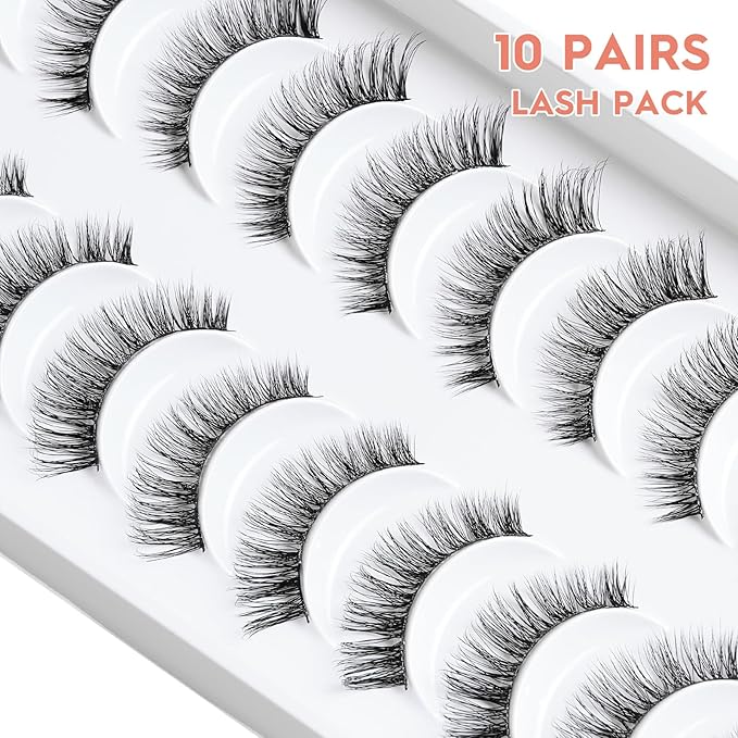 Lashes Wispy False Eyelashes Cat Eye Lashes Natural Look 3D Volume Fake Eyelashes Thin Band Lashes 12mm Natural Eye Lashes C Curl Siligli Lashes Pack 10 Pair-BrightBean Baby