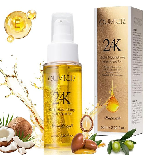 24K Gold Hair Oil, Repair Shine Serum with Coconut, Argan & Olive Oils - Heat Protectant and Frizz Control - Vegan, Lightweight Leave-In Treatment for Dry Damaged Hair (2.02 Fl Oz (Pack of 1))-BrightBean Baby
