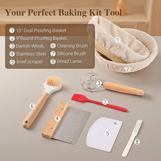 Sourdough Bread Proofing Basket Kit, 9" Round and 10" Oval Banneton Basket with Liners & Covers, Bread Baking Supplies with Bread Lame, Dough Whisk, Brush, Bowl Scraper