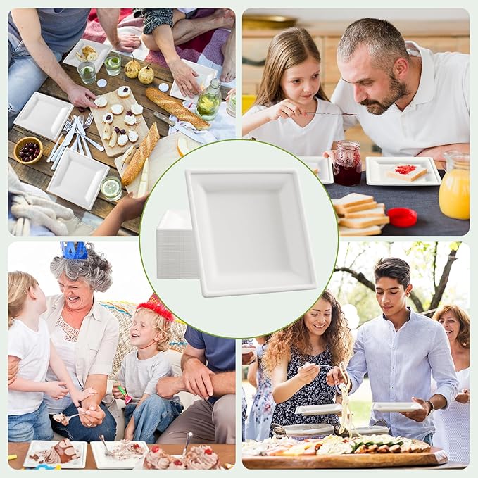 ECOLipak 6 Inch Compostable Square Paper Plates, 300 Count Heavy Duty White Small Paper Appetizer Plates, Disposable Biodegradable for Dessert Daily meals, Dinner, Parties, BBQ