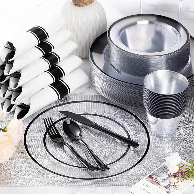 Goodluck 350 Piece Black Plastic Dinnerware Set for Party, Clear Disposable Plates for 50 Guests, Include: 50 Dinner Plastic Plates, 50 Dessert Plates, 50 Pre Rolled Napkins with Cutlery Set, 50 Cups