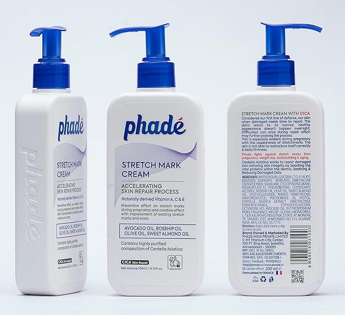 Phade Stretch Mark Cream with CICA - 200ml | Pregnancy, Scars, Uneven Skin Tone, Aging | Dermatologist Tested, Clinically Proven Formula for Stretch Marks, Hydration, and Skin Repair-BrightBean Baby