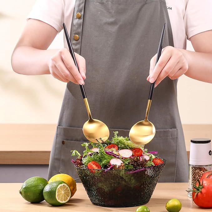 Lemeya Black Gold Salad Serving Utensils, Stainless Steel Spoons, 2Pcs Long Handle Servers 11.42 Inch, Matte Finish, Dishwasher Safe