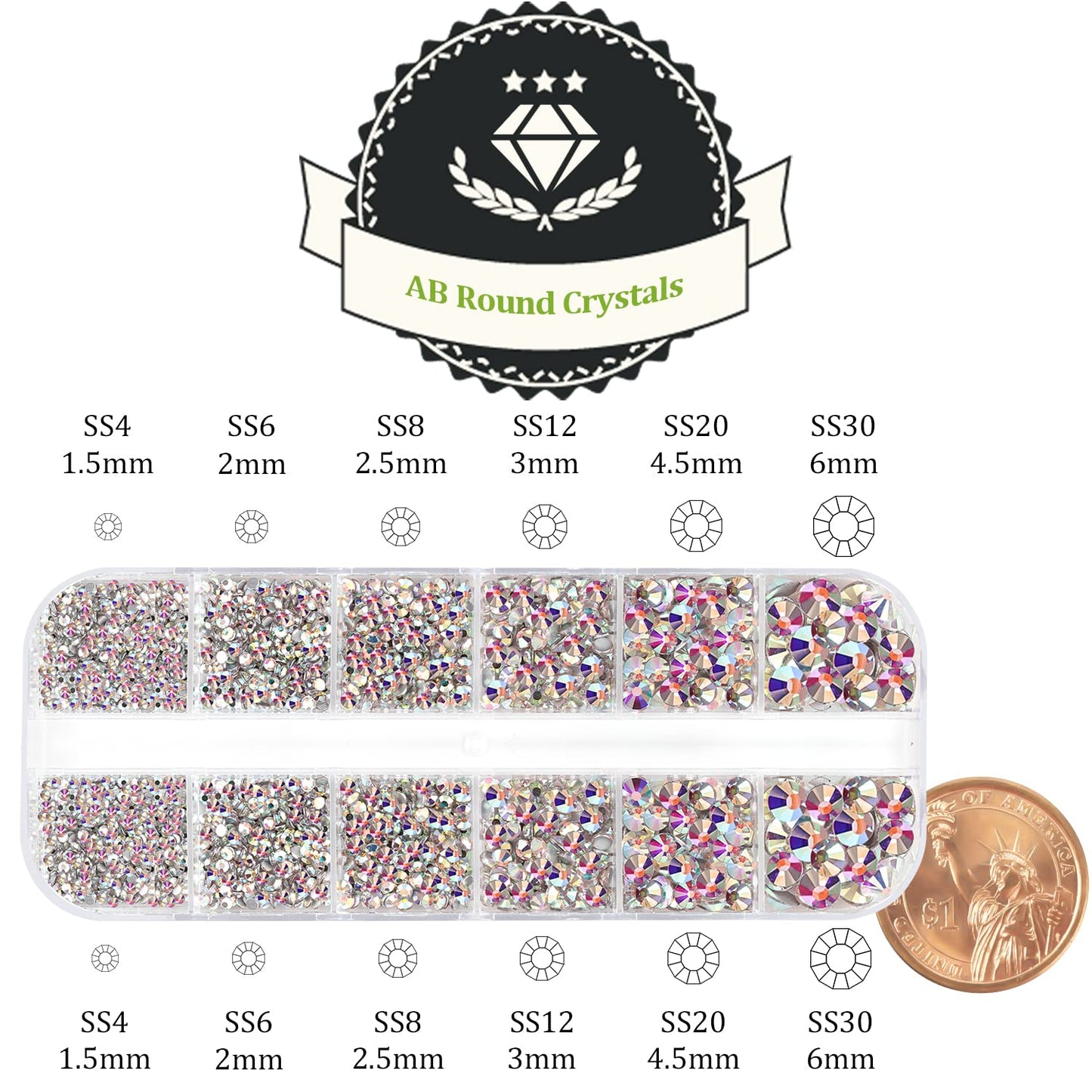 One Pack 2000 Pcs of Flatback Round AB Crystal Rhinestones 6 Sizes (1.5-6 mm) with Nail Art Rhinestone Picker Pencil and Tweezer for DIY and Salon Use-BrightBean Baby