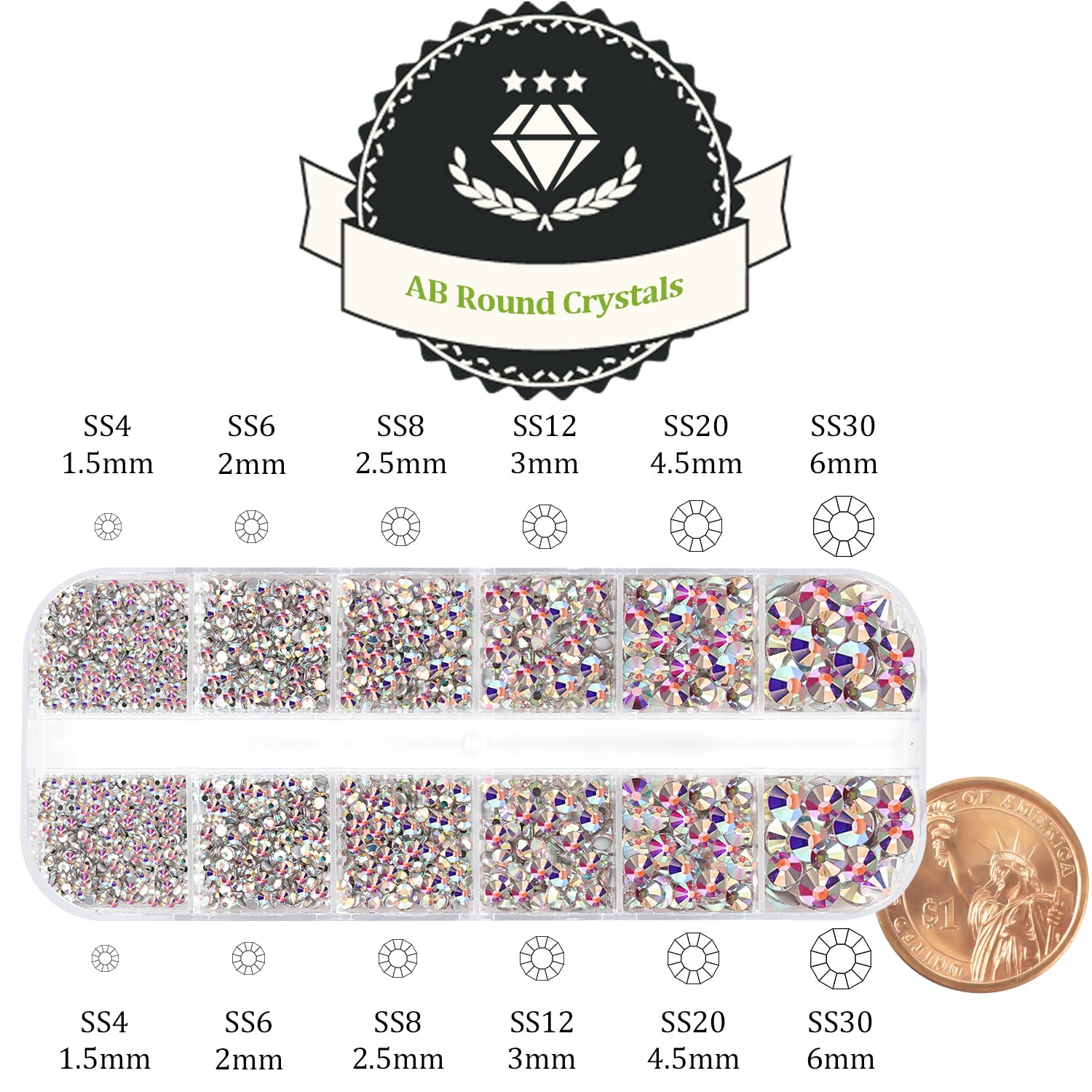 One Pack 2000 Pcs of Flatback Round AB Crystal Rhinestones 6 Sizes (1.5-6 mm) with Nail Art Rhinestone Picker Pencil and Tweezer for DIY and Salon Use-BrightBean Baby