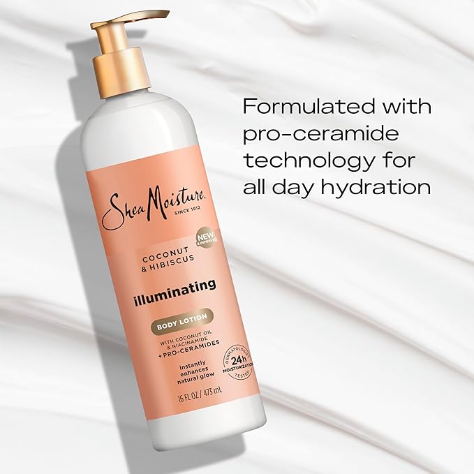 SheaMoisture Illuminating Body Lotion with Coconut Oil, Hibiscus, Niacinamide and Pro-Ceramides, Instantly Enhancing Skin's Natural Glow, 24H Moisturizing 16 oz-BrightBean Baby