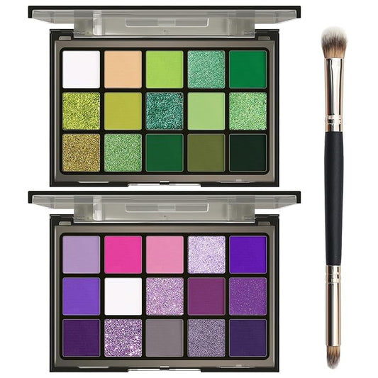 UCANBE 2pcs Eyeshadow Palette Makeup Set, Green Purple Color Shimmer Matte Metallic Eye Shadow Pallet with Soft Brush Eye Make Up Kit for Halloween Cosplay Costume Beetlejuice Medusa Poison Ivy Ursula-BrightBean Baby