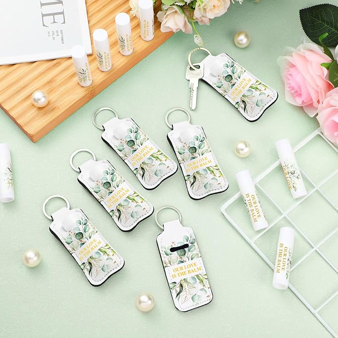 18 Sets Baby Shower Bridal Shower Favors for Guests Bulk Lip Balm and Lipstick Holder Keychains Set Baby Shower Bridal Shower Goodies Bags Thank You Gifts for Guests(Eucalyptus Wedding)-BrightBean Baby