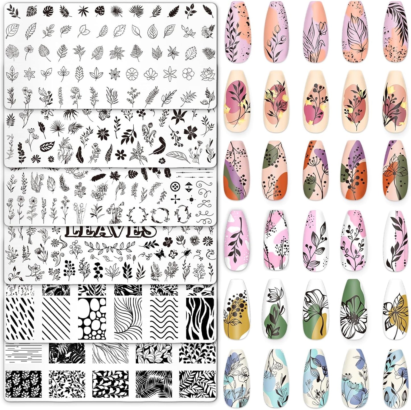 Whaline 6Pcs Spring Floral Leaves Nail Plates Stamping Set Plant Leaves Stamp Templates Nail Art Plates for DIY Print Manicure Salon Design-BrightBean Baby