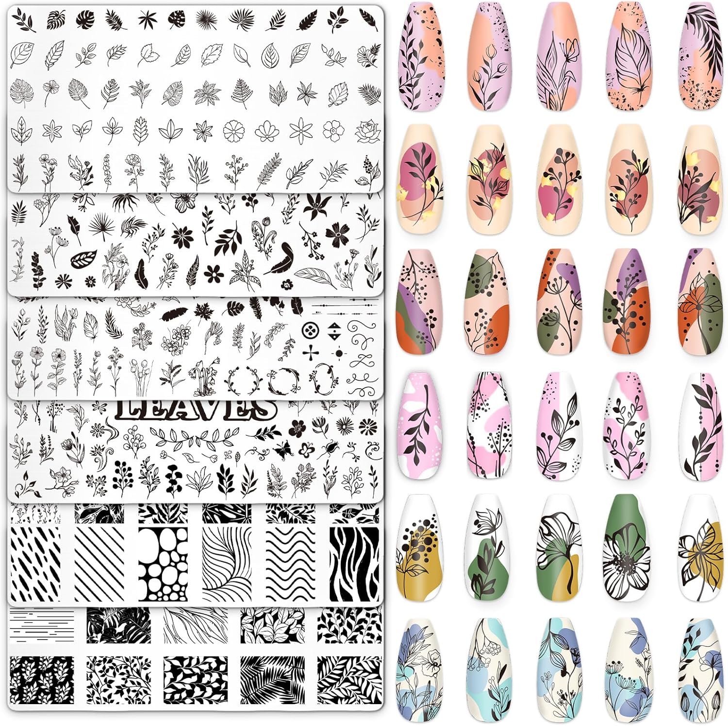 Whaline 6Pcs Spring Floral Leaves Nail Plates Stamping Set Plant Leaves Stamp Templates Nail Art Plates for DIY Print Manicure Salon Design-BrightBean Baby