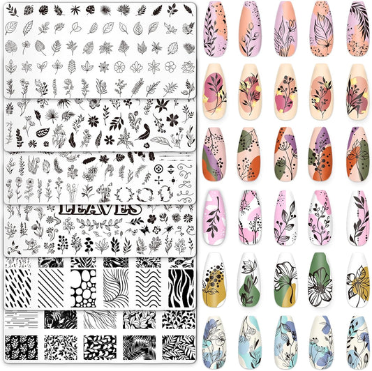 Whaline 6Pcs Spring Floral Leaves Nail Plates Stamping Set Plant Leaves Stamp Templates Nail Art Plates for DIY Print Manicure Salon Design-BrightBean Baby