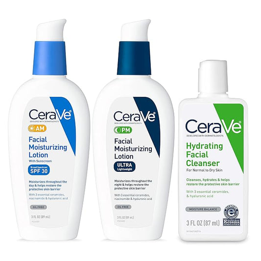 CeraVe AM Face Moisturizer with SPF, PM Face Moisturizer & Hydrating Face Wash Skin Care Routine for Morning & Night | Travel Size Toiletries | 3oz Lotion + 3oz Lotion + 3oz Cleanser-BrightBean Baby