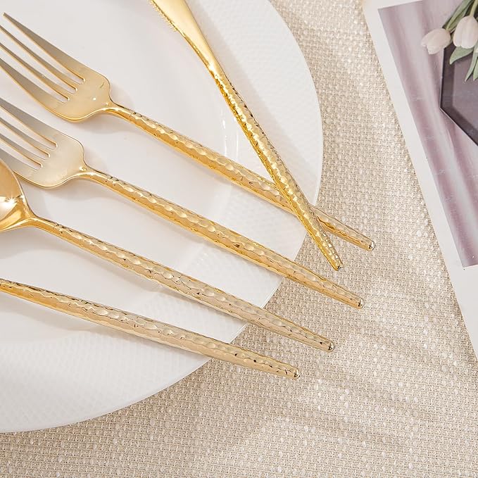 LIYH 102 Pcs Gold Plastic Silverware Cutlery Sets - Disposable Plastic Silverware Heavyduty, Disposable Utensil Sets, 34 of Each Forks, Knives & Spoons Flatware Set for Party Birthday