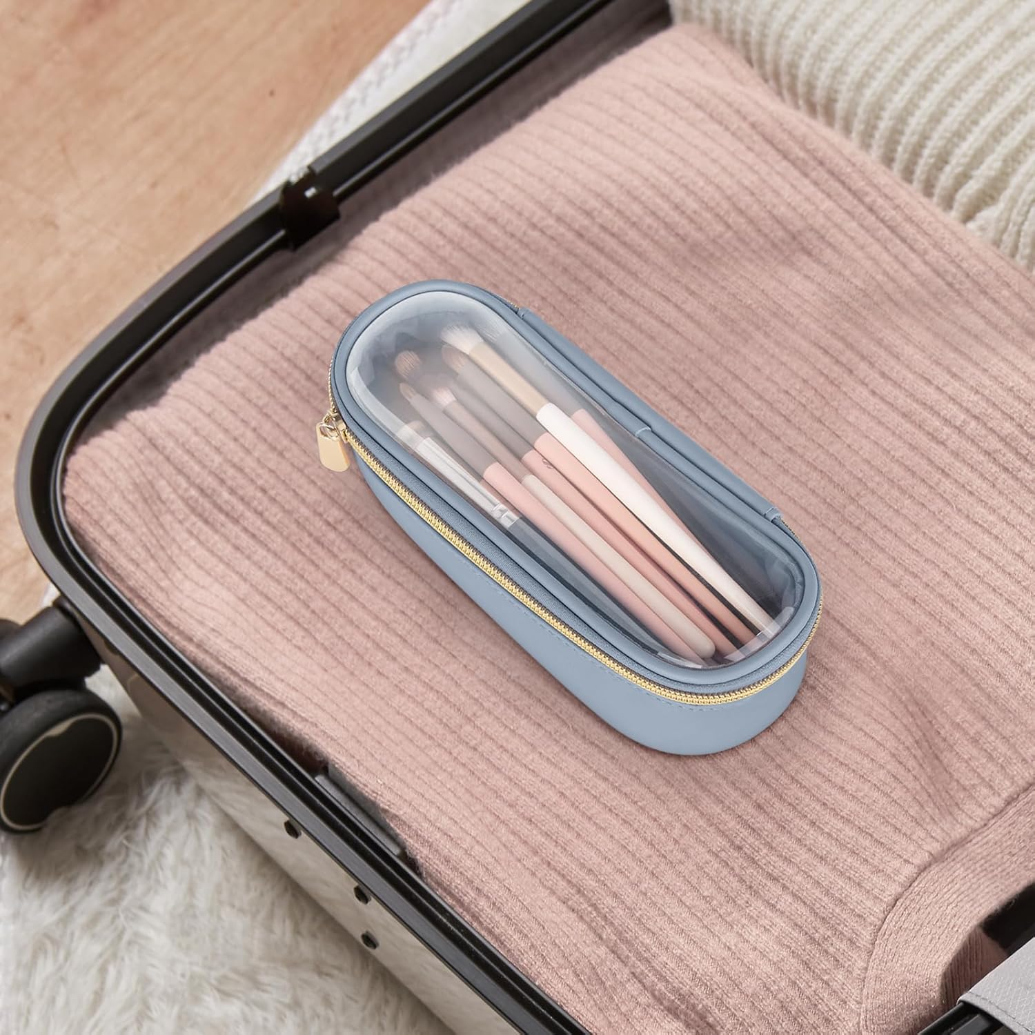 Clear Travel Makeup Brush Holder, Leather Makeup Brush Toiletry Bag, Portable Cosmetic Brush Case, Transparent Waterproof Makeup Brush Storage Bag, Blue-BrightBean Baby