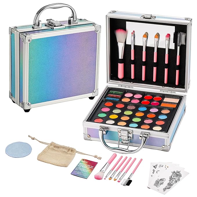 Anpro All-In-One Makeup Carry Case with Pro Teen Makeup Set, Full Starter Cosmetics Kit with Makeup Brushes, Eye Shadows Palette, Blushes, Glitter Gel, Temporary Tattoo Stickers - Blue-BrightBean Baby