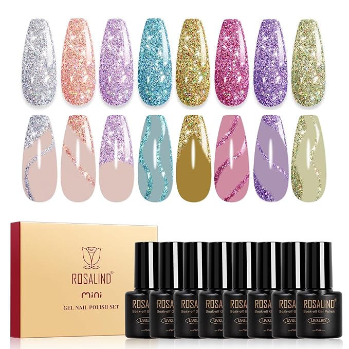 ROSALIND Glitter Gel Nail Polish, 8 Color Gold Glitter Gel Polish Sparkle Diamond Effect Sparkling Collection Soak Off Led Nail Art DIY Salon Gifts For Women-BrightBean Baby