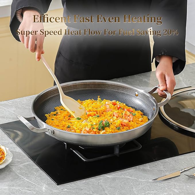DELARLO 14" Tri-Ply Stainless Steel Paella Pan with Lid