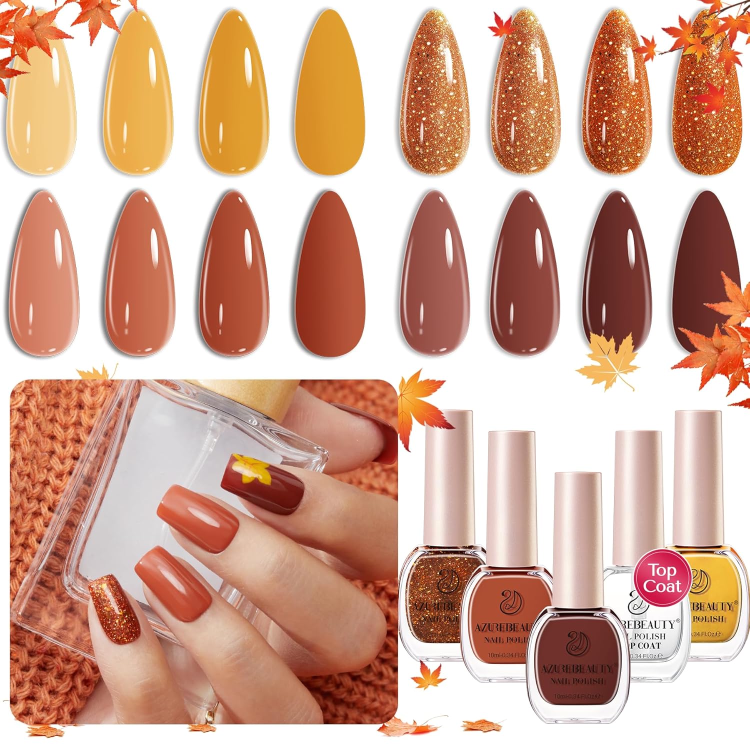 AZUREBEAUTY Fall Nail Polish Set, 4 Colors Yellow Orange Brown Glitter Quick Dry Natural Nail Lacquer Strengthening Treatment Kit with Top Coat DIY Salon at Home-BrightBean Baby