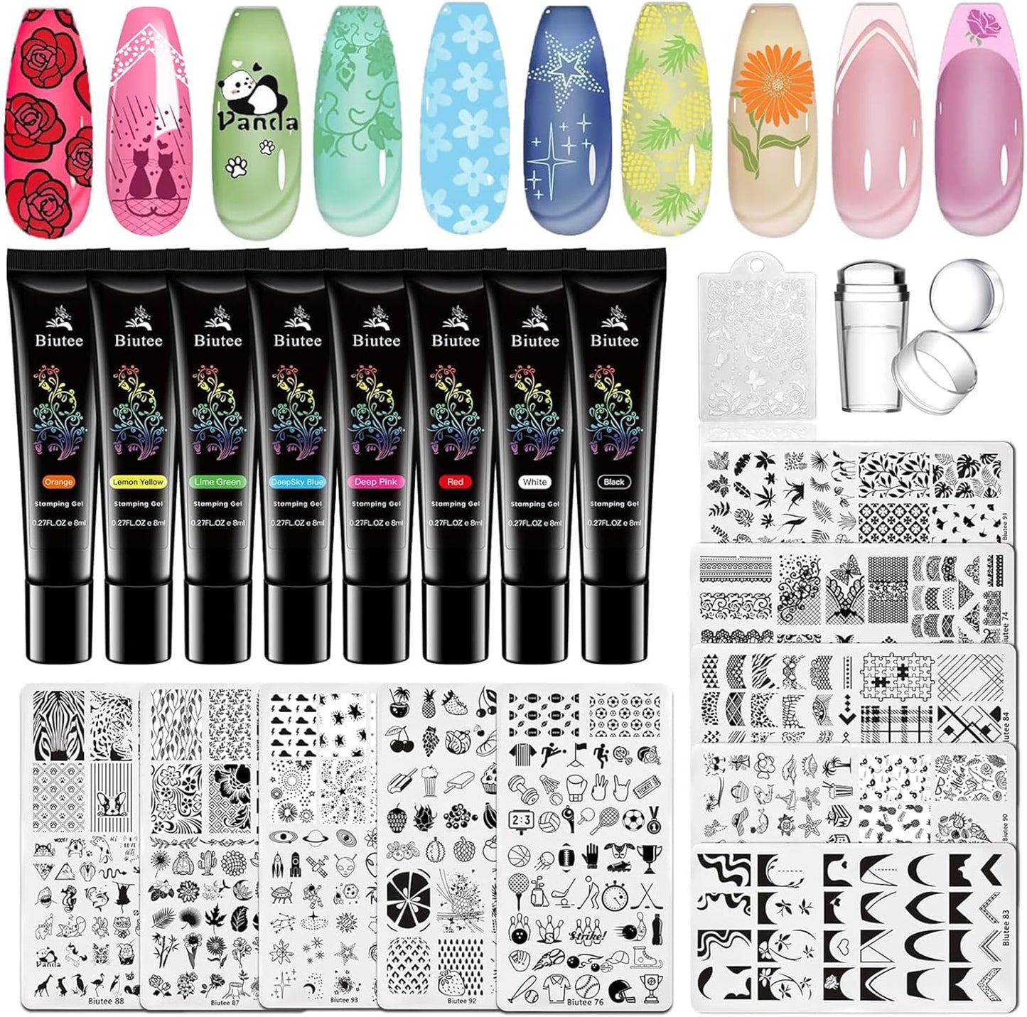 Biutee Nail Stamping Plates Set 8pcs Nail Stamping Polish Gel, 10pcs Nail Stamper Kit with Stamper, Nail Art Plates Set for Women Girls DIY Salon & Home-BrightBean Baby