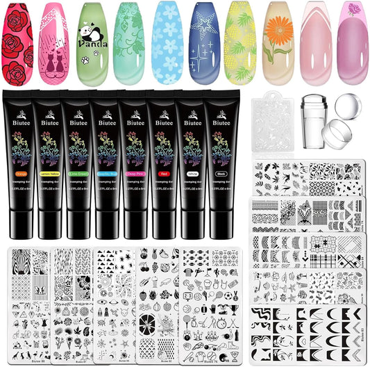 Biutee Nail Stamping Plates Set 8pcs Nail Stamping Polish Gel, 10pcs Nail Stamper Kit with Stamper, Nail Art Plates Set for Women Girls DIY Salon & Home-BrightBean Baby