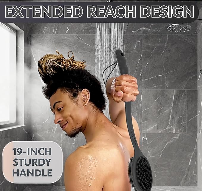 Avilana Silicone Body Scrubber – Gentle Shower Brush & Loofah Alternative- Food Grade & Lab Tested – Fast-Drying, Hygienic, BPA-Free Silicone Body Gentle Exfoliator (Dark Gray, Long Handle)-BrightBean Baby