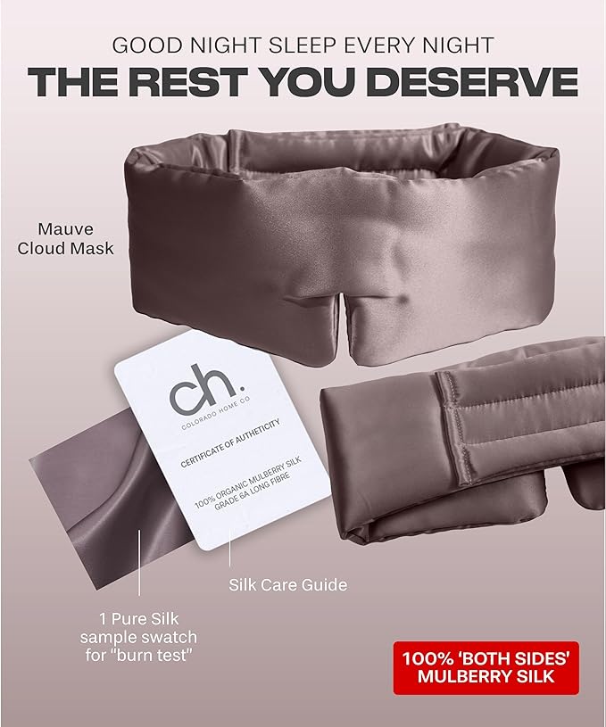 Colorado Home Co Cozy Silk Eye Mask - Blackout, Adjustable for Side Sleepers & Travel, Cloud Eye Covers, Mauve-BrightBean Baby