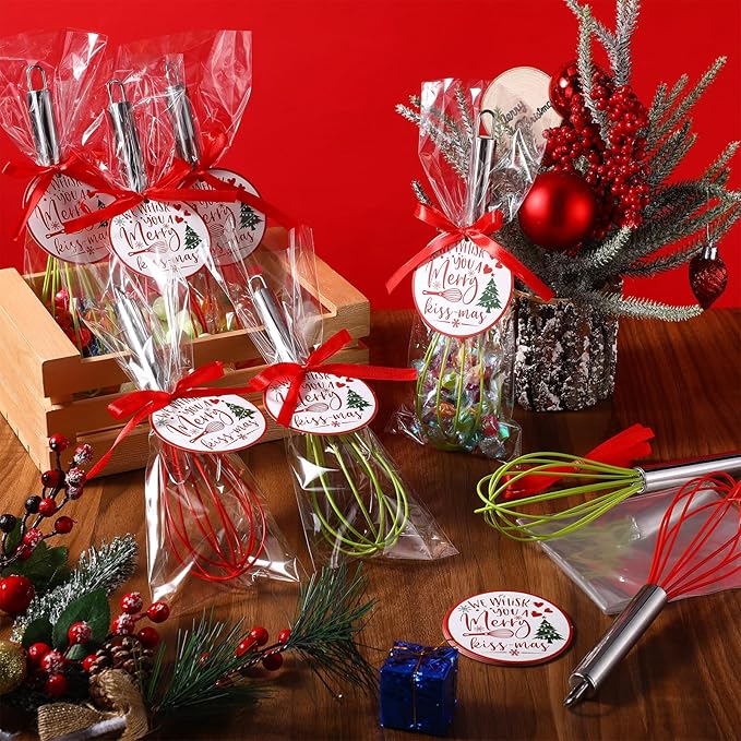 36 Sets 8 Inch Christmas Whisks Gifts DIY Fillable Christmas Tree Ornaments Xmas Colored Silicone Whisks for Cooking Heat Resistant Egg Beaters with Card Rope Bag for Candy Holder