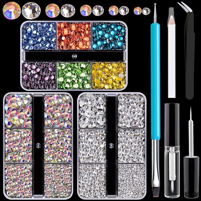 Colorful Face Gems for Makeup Set, Flatback Gorgeous AB+Clear+Mixed-Colored Glass Gems with Picker Pencil, Makeup Glue, Dual-End Dotting Tool and Tweezer for Eye Body Hair Make-up and Nail Art Deco-BrightBean Baby