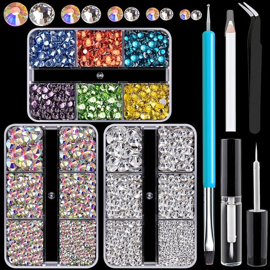 Colorful Face Gems for Makeup Set, Flatback Gorgeous AB+Clear+Mixed-Colored Glass Gems with Picker Pencil, Makeup Glue, Dual-End Dotting Tool and Tweezer for Eye Body Hair Make-up and Nail Art Deco-BrightBean Baby
