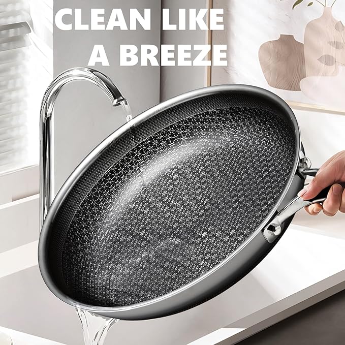 Non Stick Frying Pans 12 inch, Hybrid Frying Pans Nonstick,non stick Stainless Steel Skillets, Dishwasher and Oven-Safe Chef Pan, Induction Compatible Pan, PFOA Free Cookware