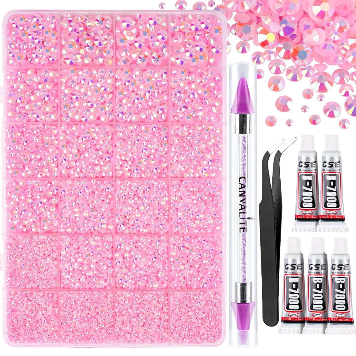 Canvalite 25000PCS Resin Jelly Rhinestones for Crafting, Pink AB Flatback Gems, Bedazzling Crystal with 5x2.5g B7000 Jewelry Glue and Tweezers Dotting Pen for DIY Crafts Clothing Shoes Nail Art-BrightBean Baby
