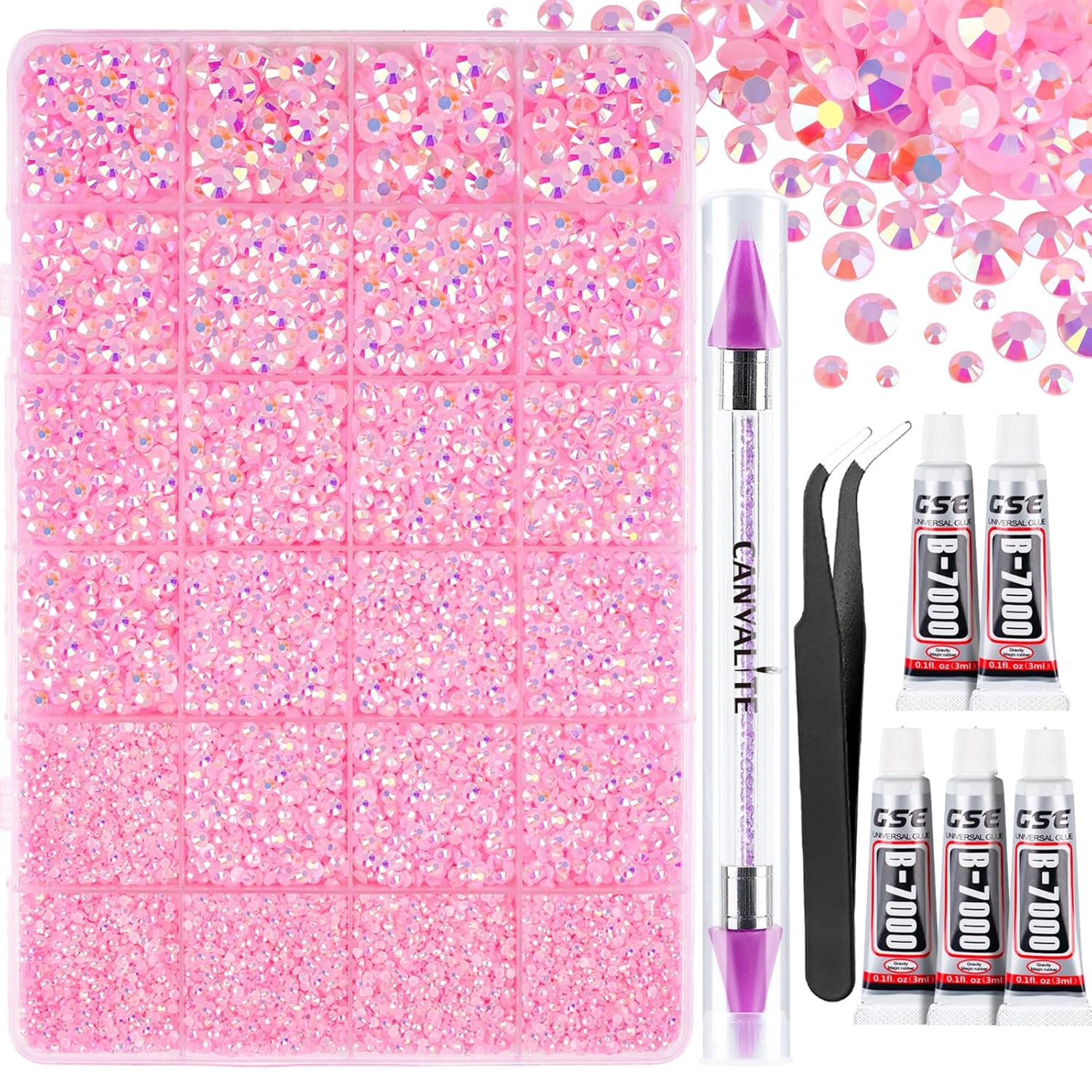 Canvalite 25000PCS Resin Jelly Rhinestones for Crafting, Pink AB Flatback Gems, Bedazzling Crystal with 5x2.5g B7000 Jewelry Glue and Tweezers Dotting Pen for DIY Crafts Clothing Shoes Nail Art-BrightBean Baby