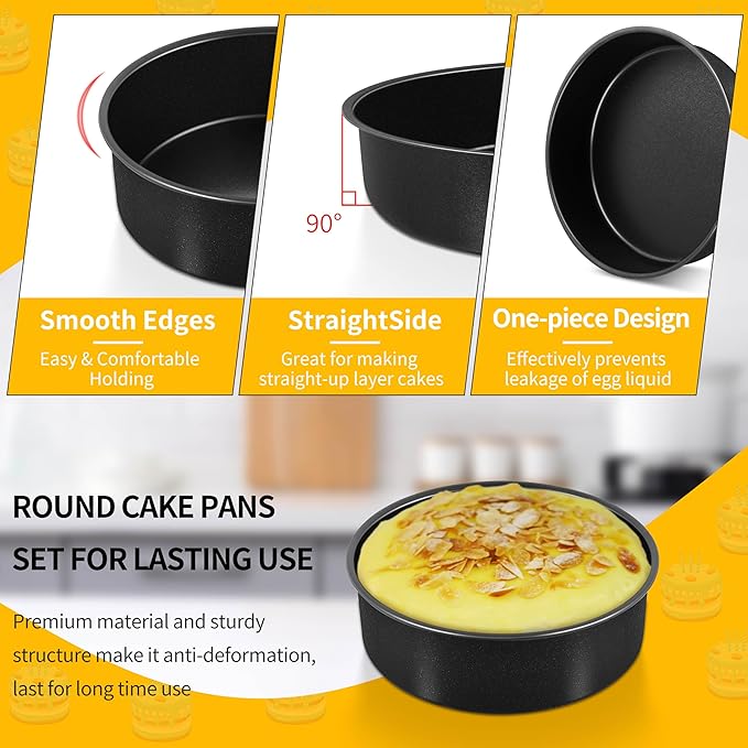 P&P CHEF Cake Pan Set of 3, Non-Stick Round Baking Cake Pans Tins for Tier Smash Cakes, Non-Toxic & Solid, Stainless Steel Core & Leak-Proof, 6 Inch