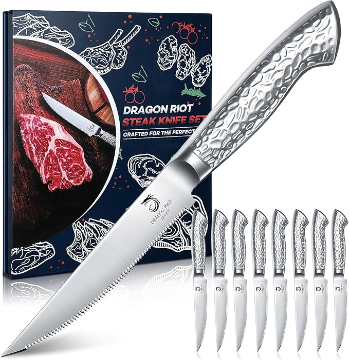 DRAGON RIOT Steak Knives Set of 8 Serrated Edge Steak Knife Set Japanese Stainless Steel Dinner Knife Diswasher Safe