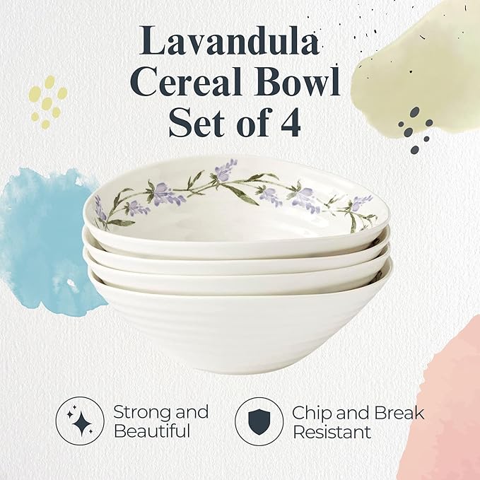 Portmeirion Sophie Conran Lavandula Cereal Bowls, Set of 4 – Ripple Design Floral Porcelain Serving Bowls for Soup, Salad, Dessert & Ice Cream – Stackable Lavender 7.5-Inch Everyday Dinnerware