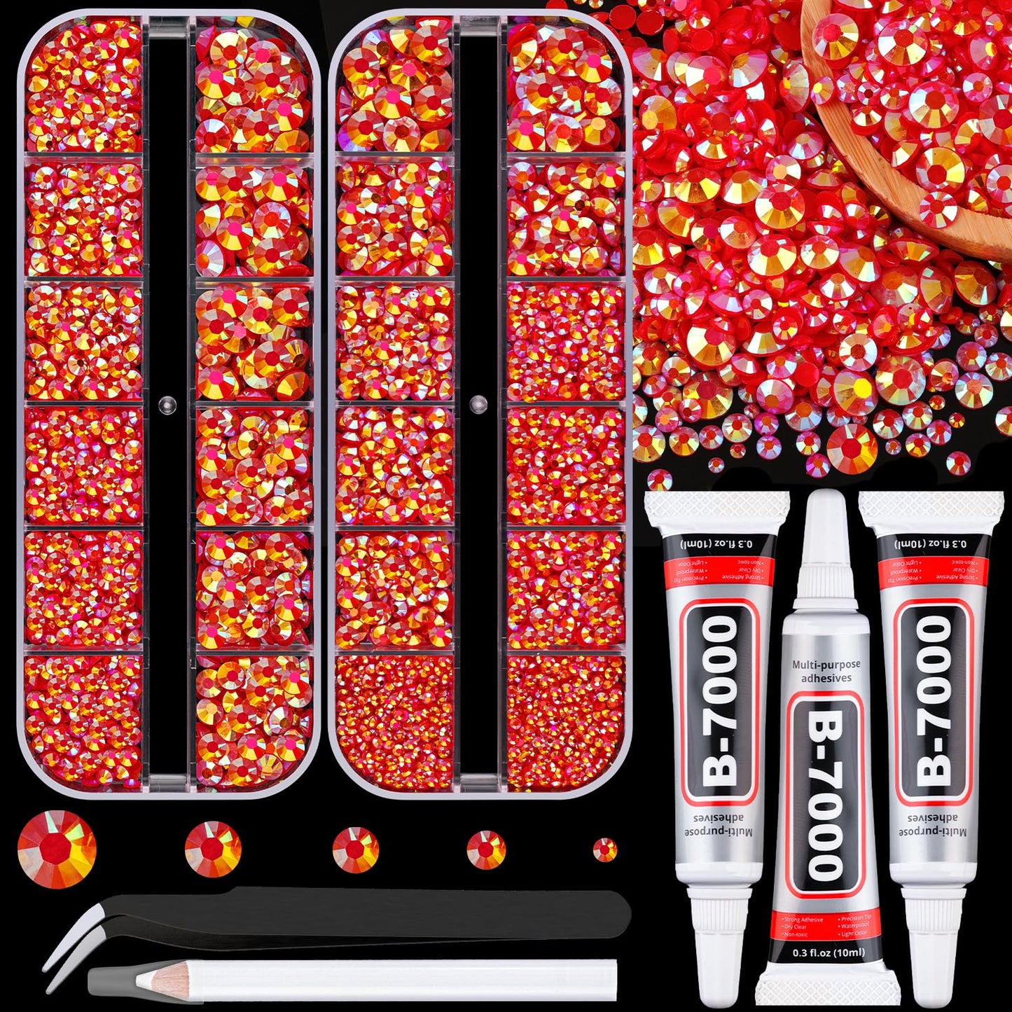 Resin Jelly Rhinestones for Crafting with B7000 Jewelry Glue, 2 Boxes Red AB Flatback Crystals with 3Pcs 10ml Glue, Bedazzling Non Hotfix Gems for DIY Tumblers Clothing Shoes Manicure-BrightBean Baby