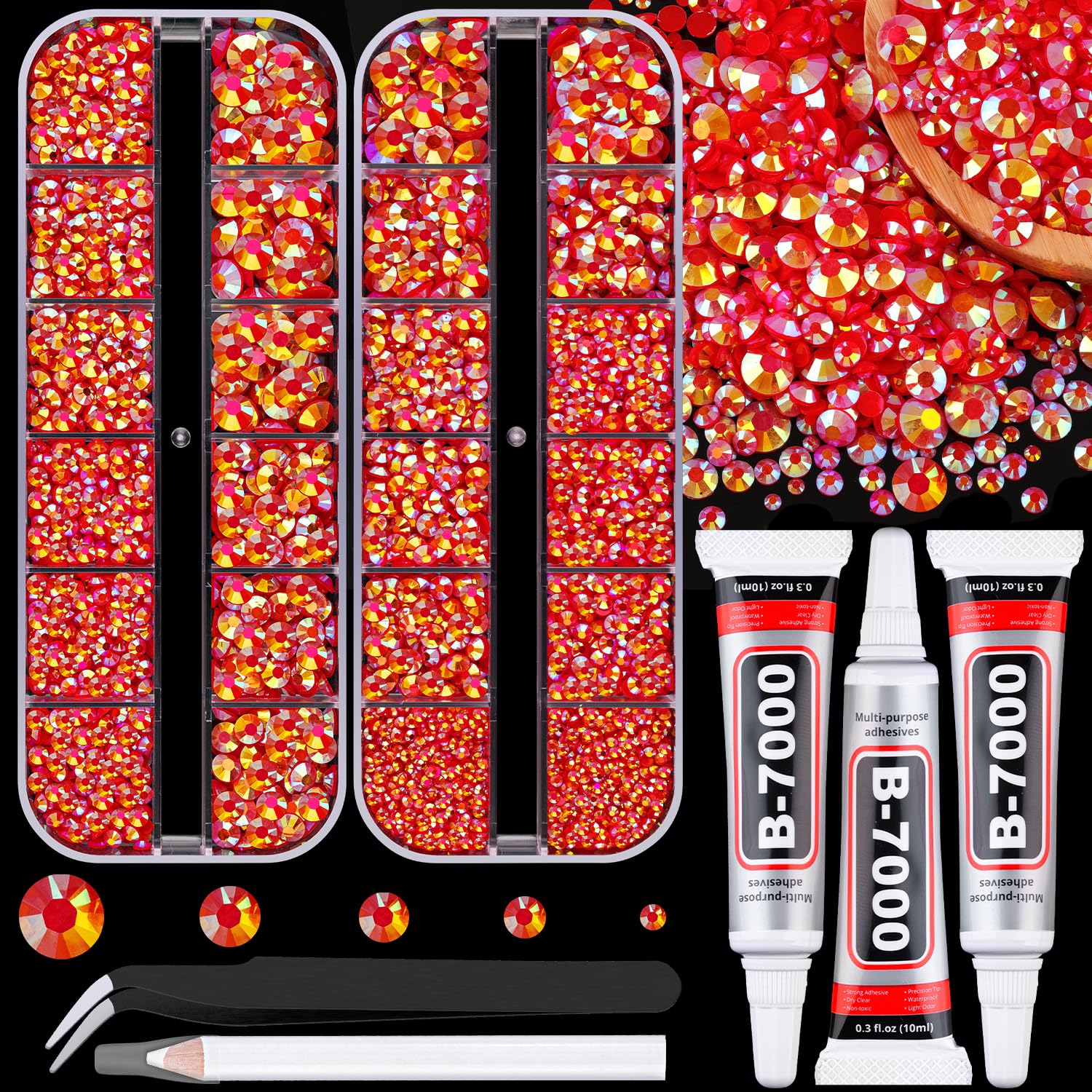 Resin Jelly Rhinestones for Crafting with B7000 Jewelry Glue, 2 Boxes Red AB Flatback Crystals with 3Pcs 10ml Glue, Bedazzling Non Hotfix Gems for DIY Tumblers Clothing Shoes Manicure-BrightBean Baby