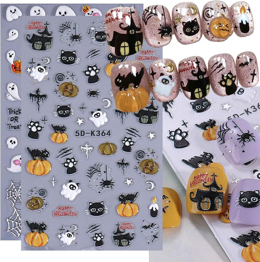 2Sheet Halloween Nail Art Stickers 5D Relief Cartoon Ghost Cat Dark Self-Adhesive Sticker Nail Decals Cute Ghost Pumpkin Pattern Nail Art Slider DIY for Women Girl Cute Halloween Nail Decoration-BrightBean Baby