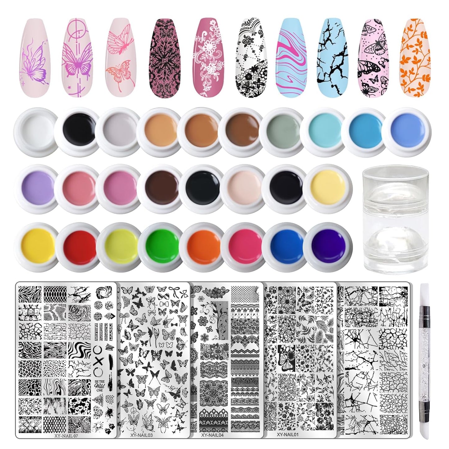 Nail Art Stamping Kit - 26 Color Gels with 5 Stainless Steel Plates, Dual-Ended Silicone Stamper & Scraper - DIY Nail Design Set for Beginners and Pros-BrightBean Baby