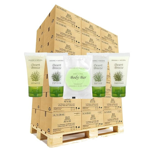 Desert Breeze Hotel Soaps and Toiletries Bulk Set | 1oz Hotel Shampoo & Conditioner, Body Wash, Body Lotion & Bar Soap | Full Pallet 49 cases with 300 units each - 14,700 pieces-BrightBean Baby