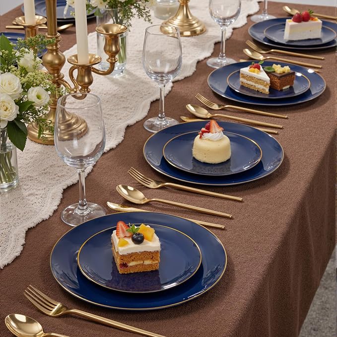 bUCLA 200PCS Blue Plastic Plates - Navy Blue Disposable with Gold Rim Include 100 Each (10 inch Dinner & 7 inch Dessert) Plates, Ideal for Party & Gathering